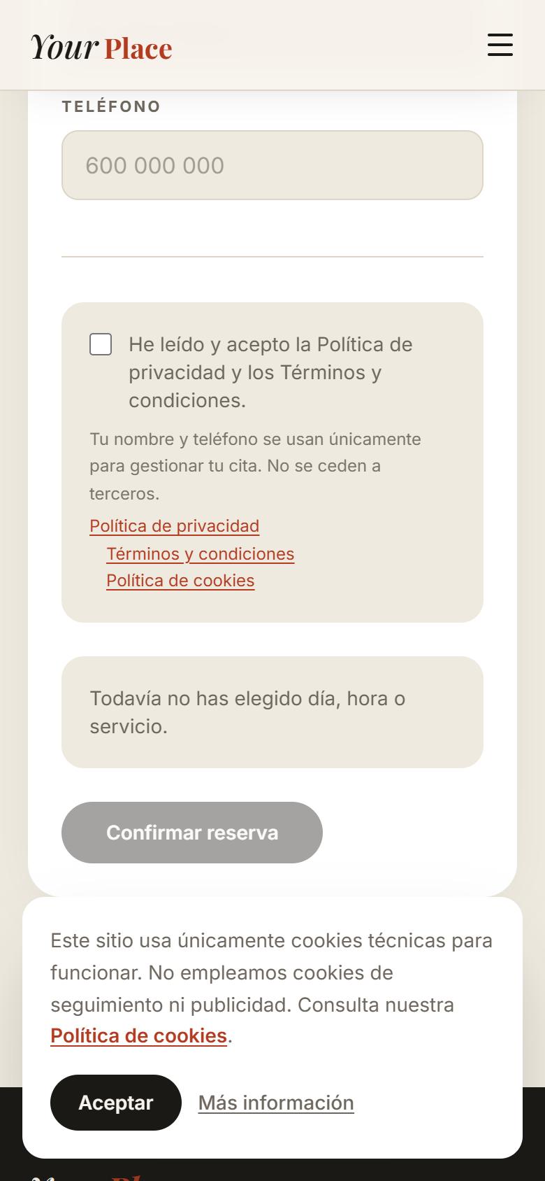 Your Place — Bright - Contacto y llamada a la acción, con botón de reservar