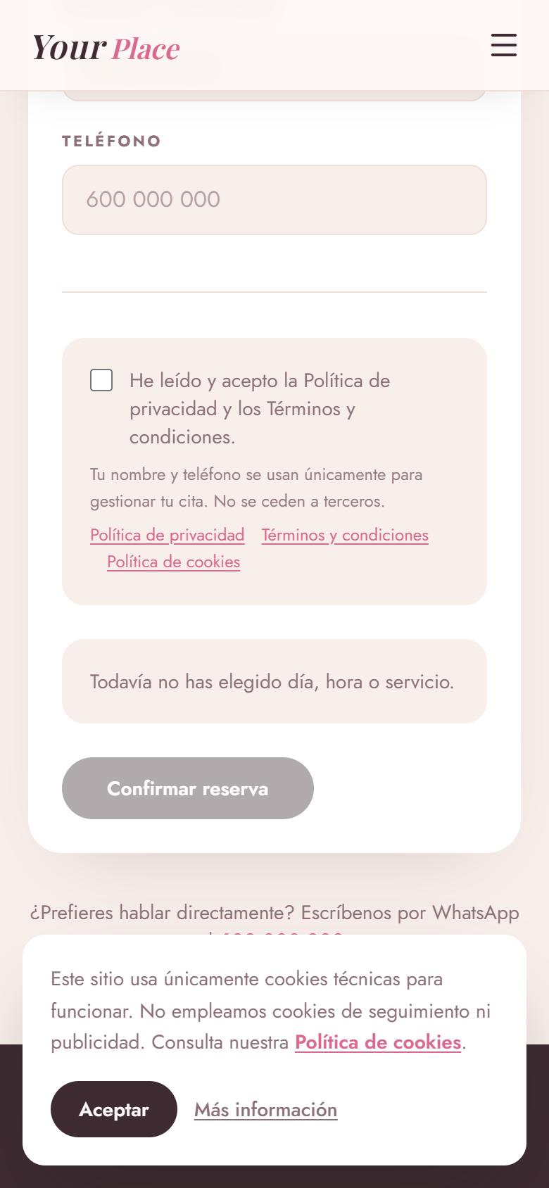 Your Place — Donna - Contacto y llamada a la acción, con botón de reservar