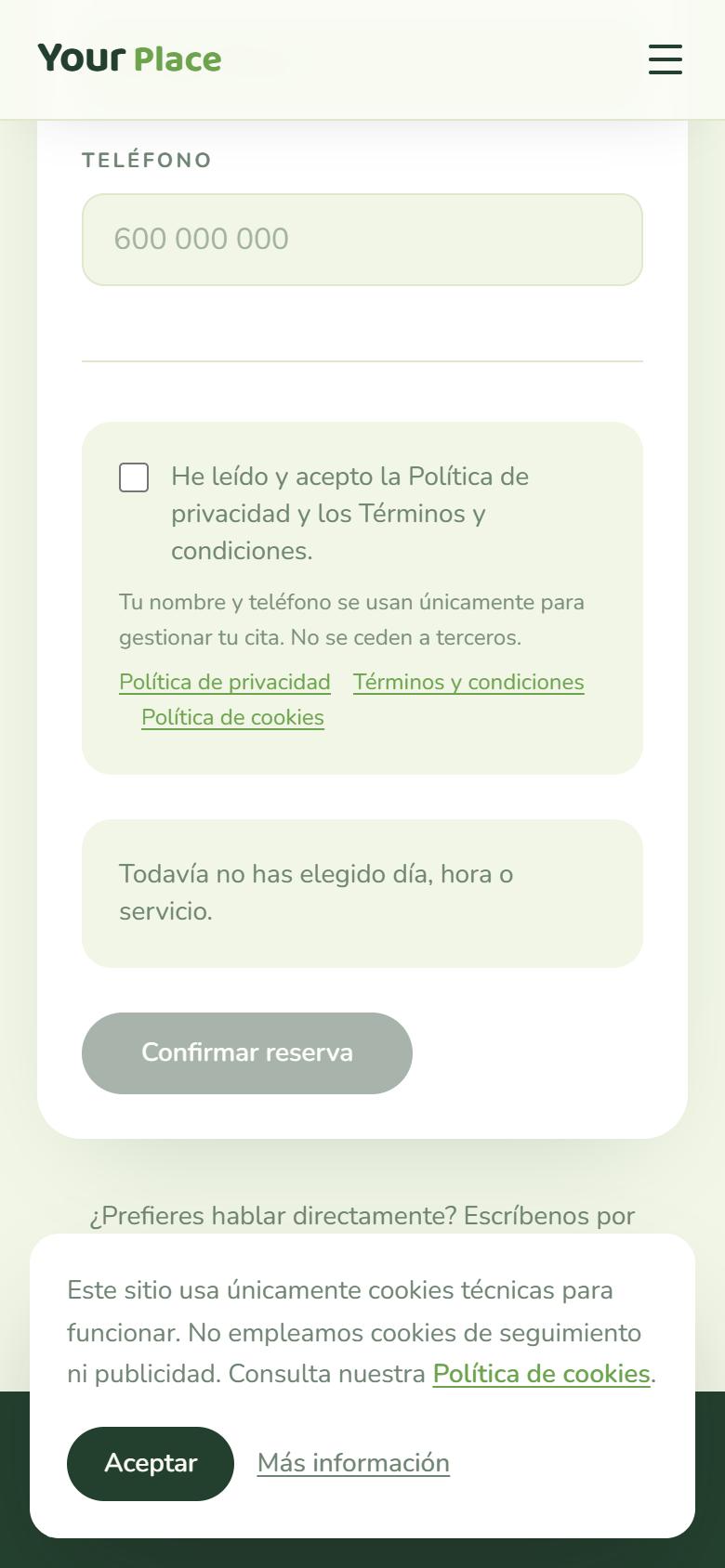 Your Place — Fresh - Contacto y llamada a la acción, con botón de reservar