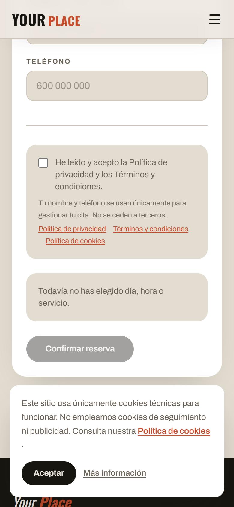 Your Place — Industrial - Contacto y llamada a la acción, con botón de reservar