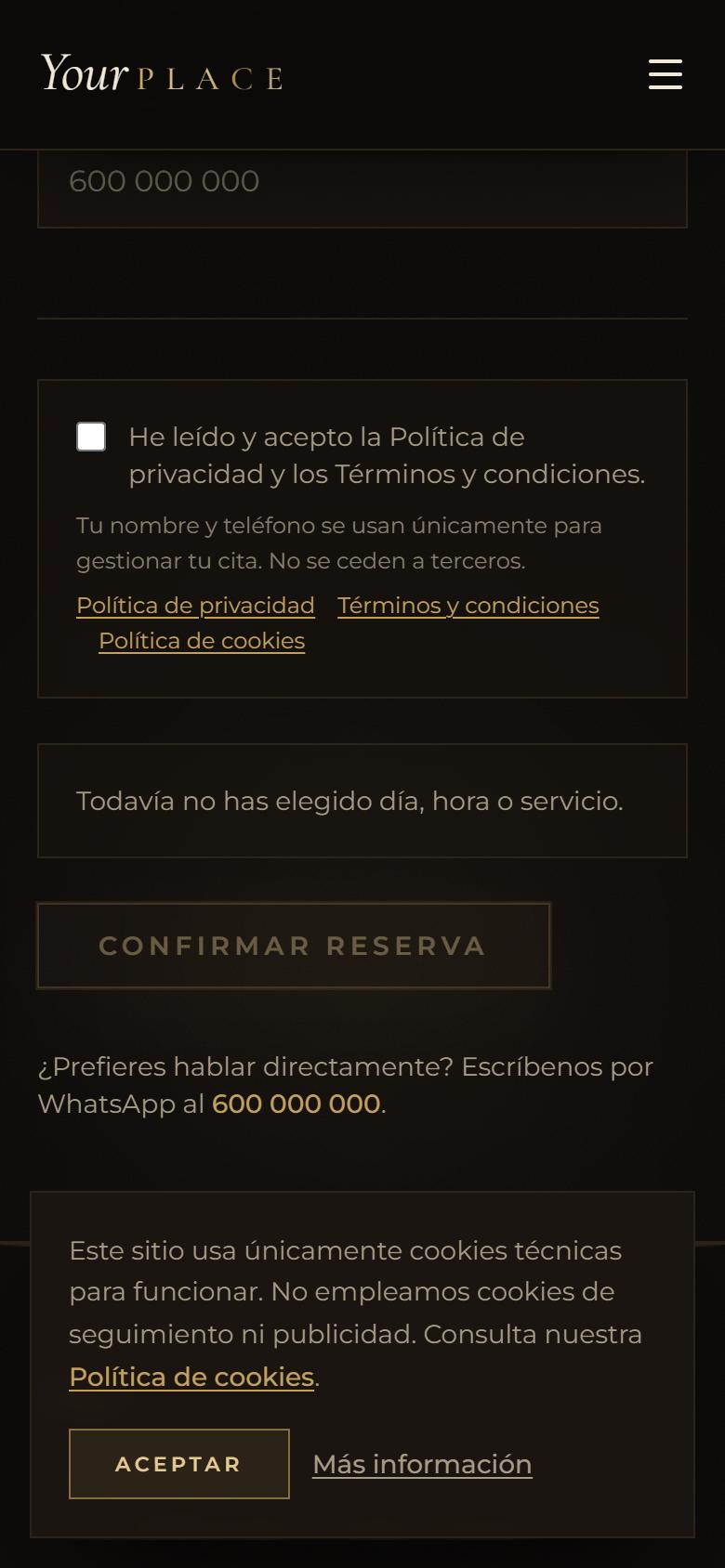 Your Place — Luxe - Contacto y llamada a la acción, con botón de reservar