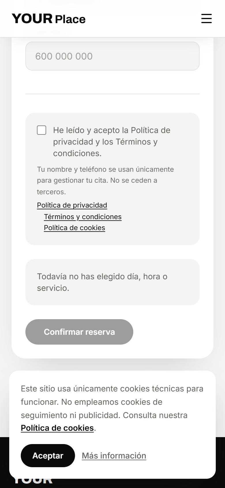 Your Place — Minimal - Contacto y llamada a la acción, con botón de reservar