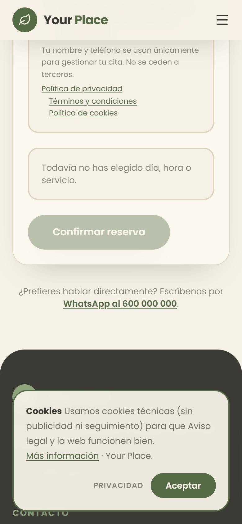 Your Place — Natural - Contacto y llamada a la acción, con botón de reservar