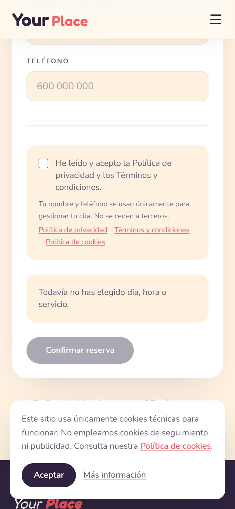 Your Place — Playful - Contacto y llamada a la acción, con botón de reservar