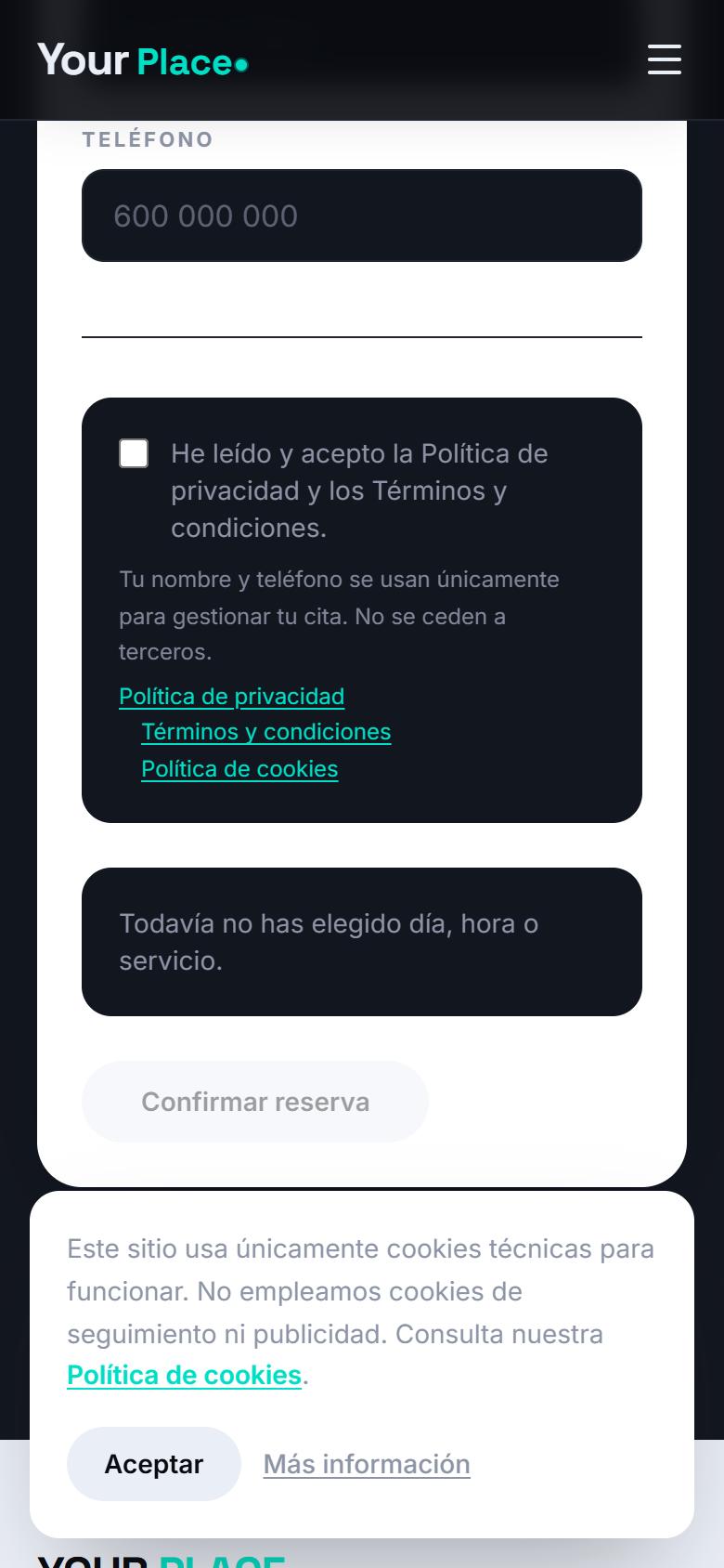 Your Place — Tech - Contacto y llamada a la acción, con botón de reservar