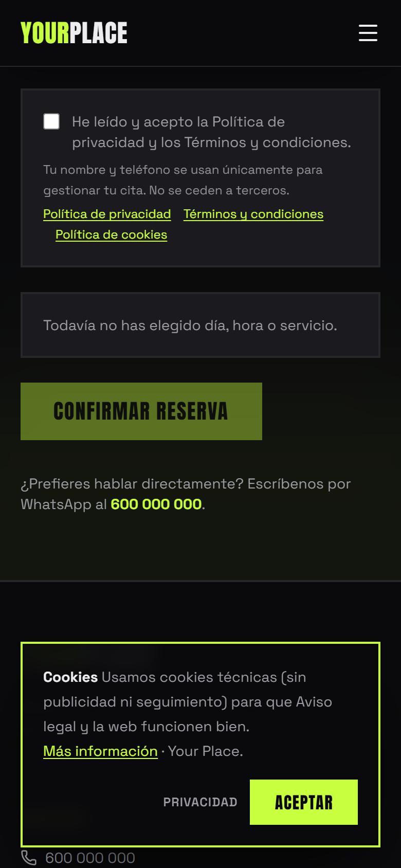 Your Place — Urban - Contacto y llamada a la acción, con botón de reservar