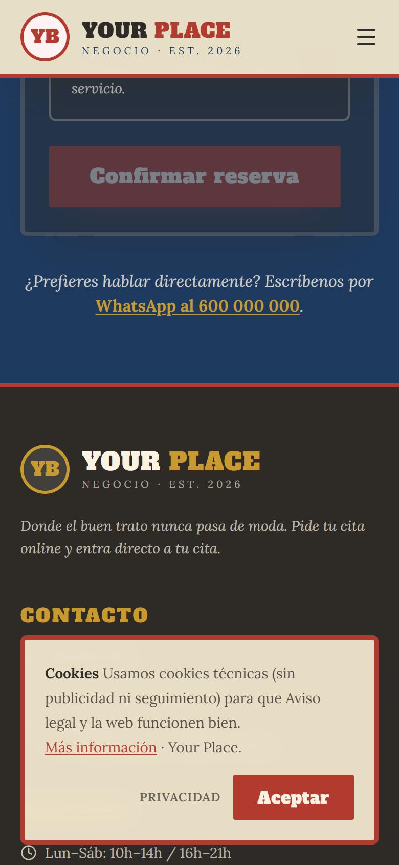 Your Place — Vintage - Contacto y llamada a la acción, con botón de reservar
