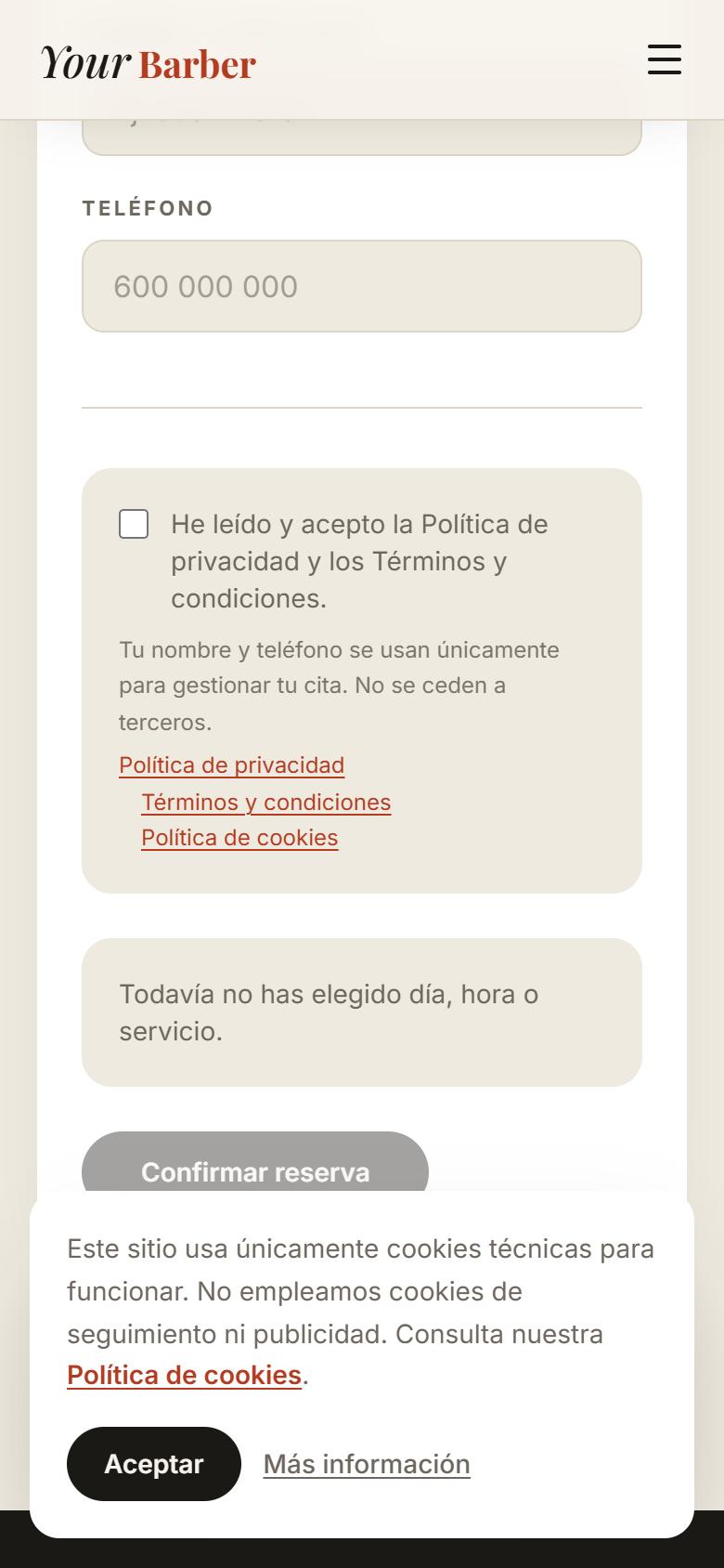 Your Barber — Bright - Contacto y llamada a la acción, con botón de reservar