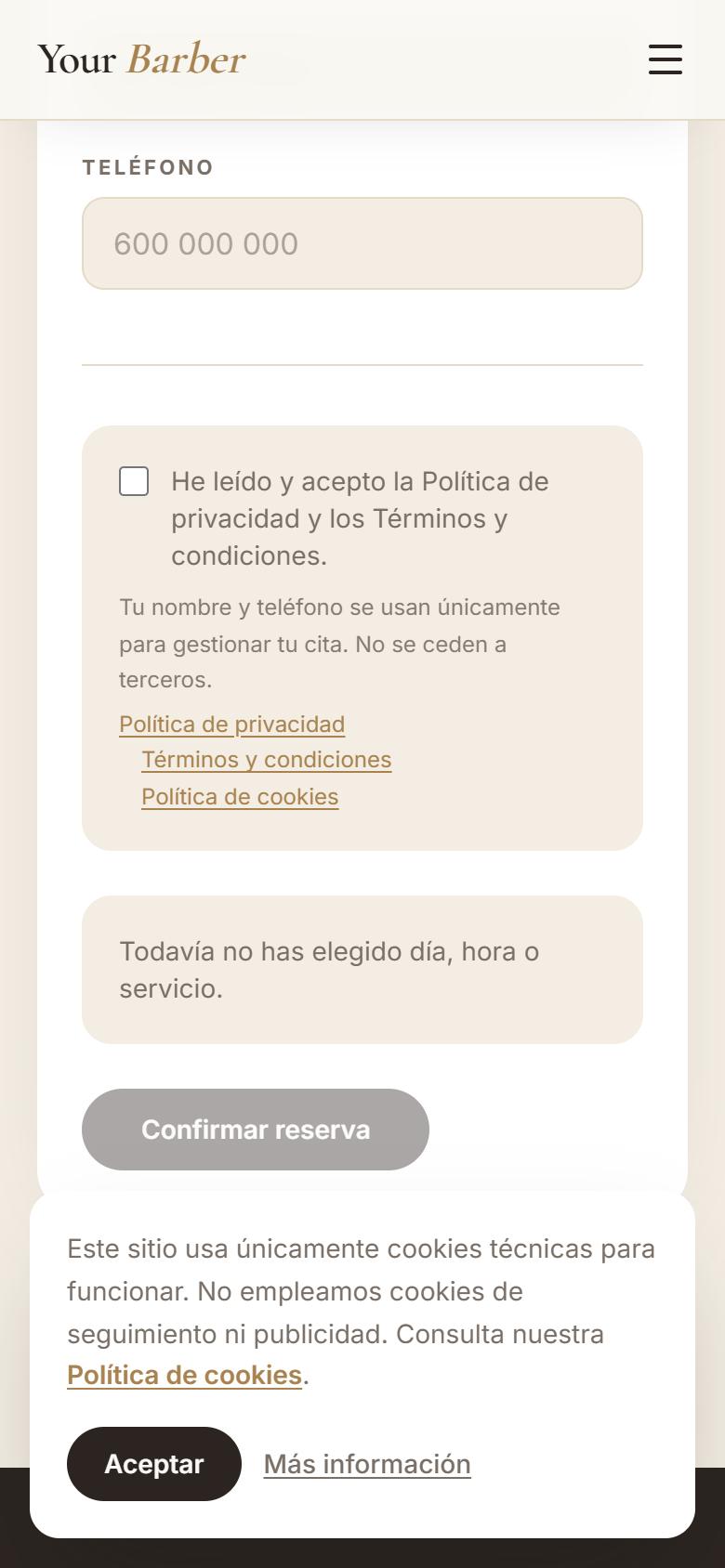 Your Barber — Elegant - Contacto y llamada a la acción, con botón de reservar