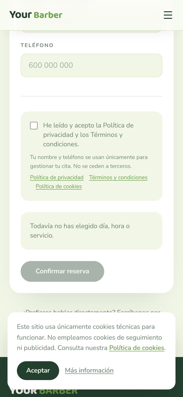 Your Barber — Fresh - Contacto y llamada a la acción, con botón de reservar