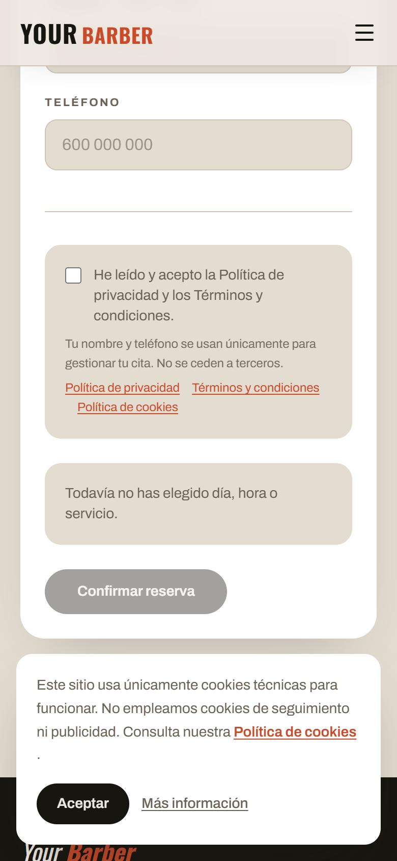 Your Barber — Industrial - Contacto y llamada a la acción, con botón de reservar