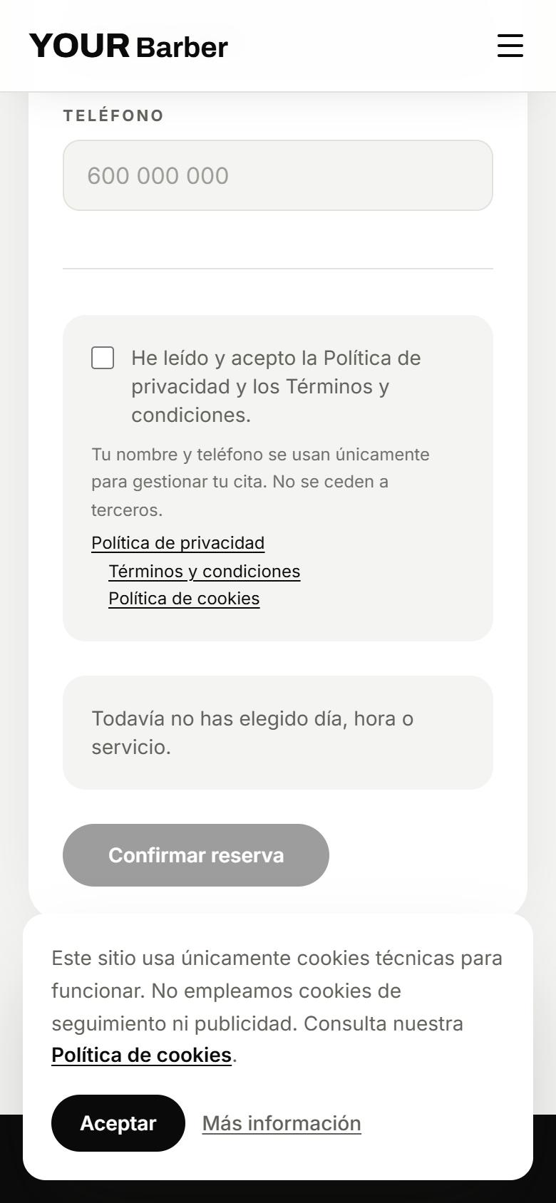 Your Barber — Minimal - Contacto y llamada a la acción, con botón de reservar