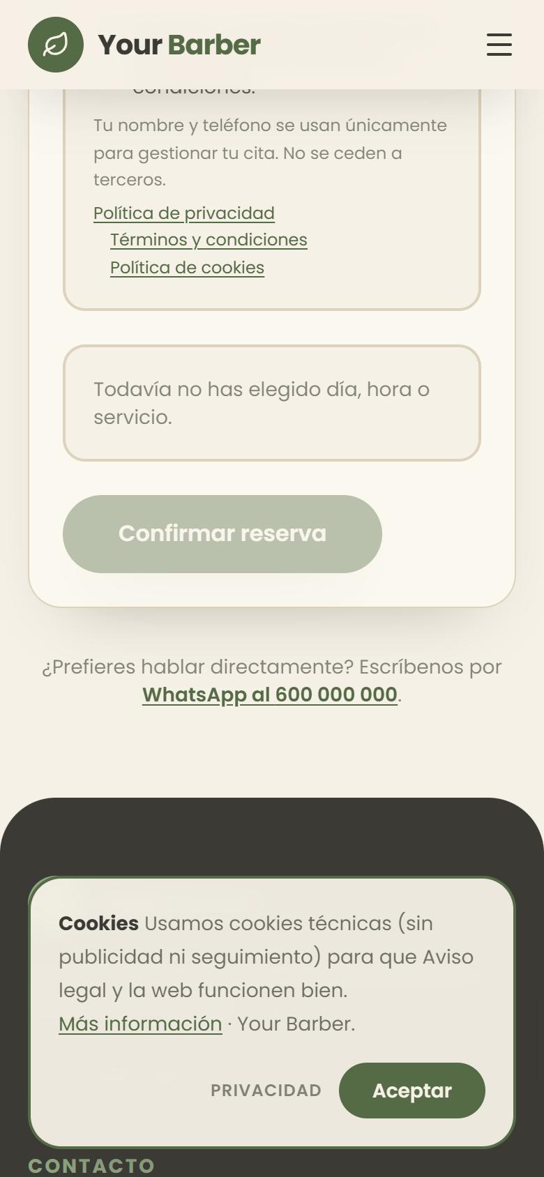 Your Barber — Natural - Contacto y llamada a la acción, con botón de reservar