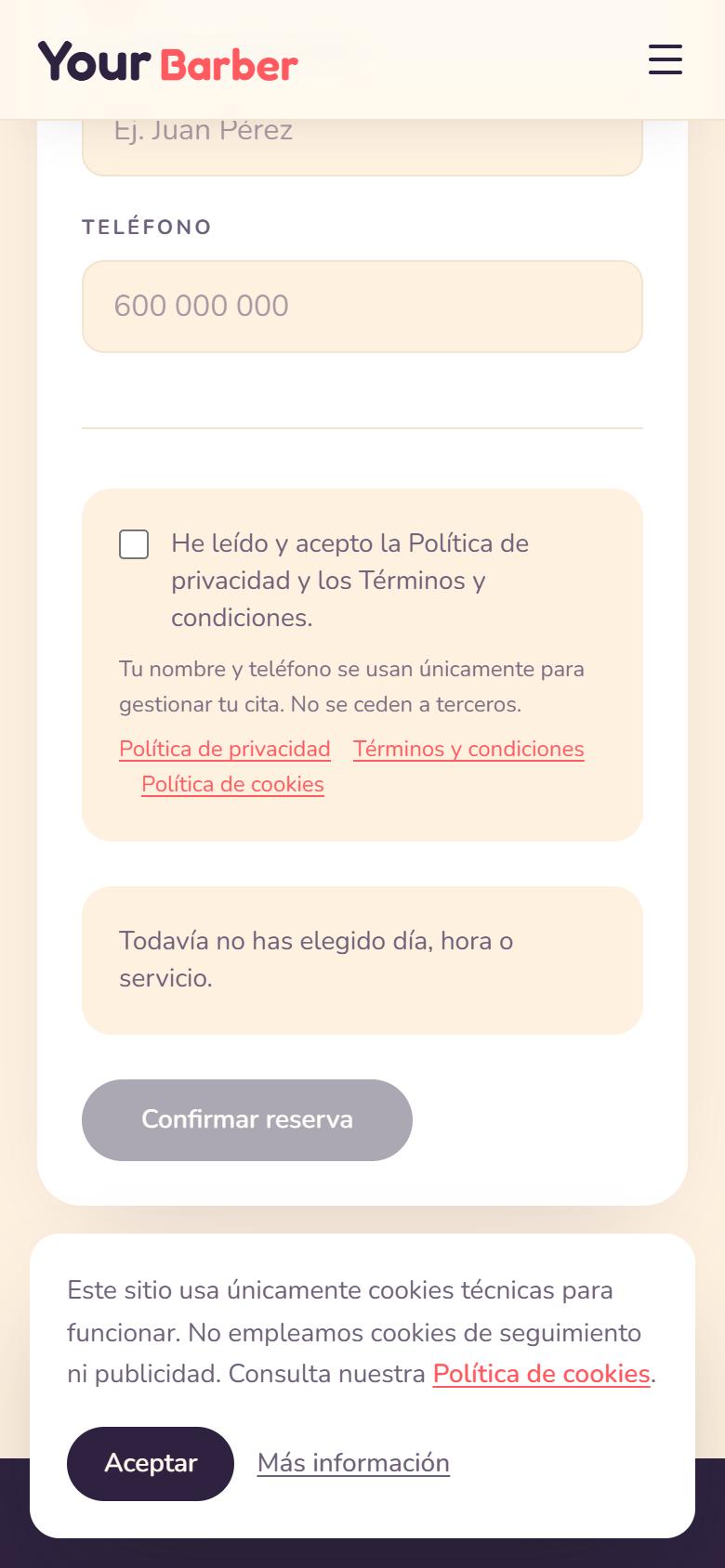 Your Barber — Playful - Contacto y llamada a la acción, con botón de reservar