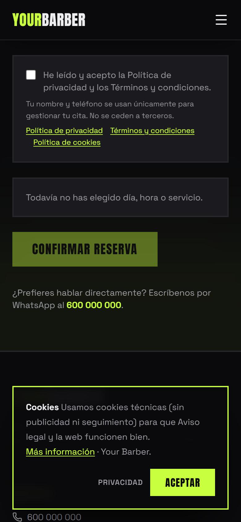 Your Barber — Urban - Contacto y llamada a la acción, con botón de reservar
