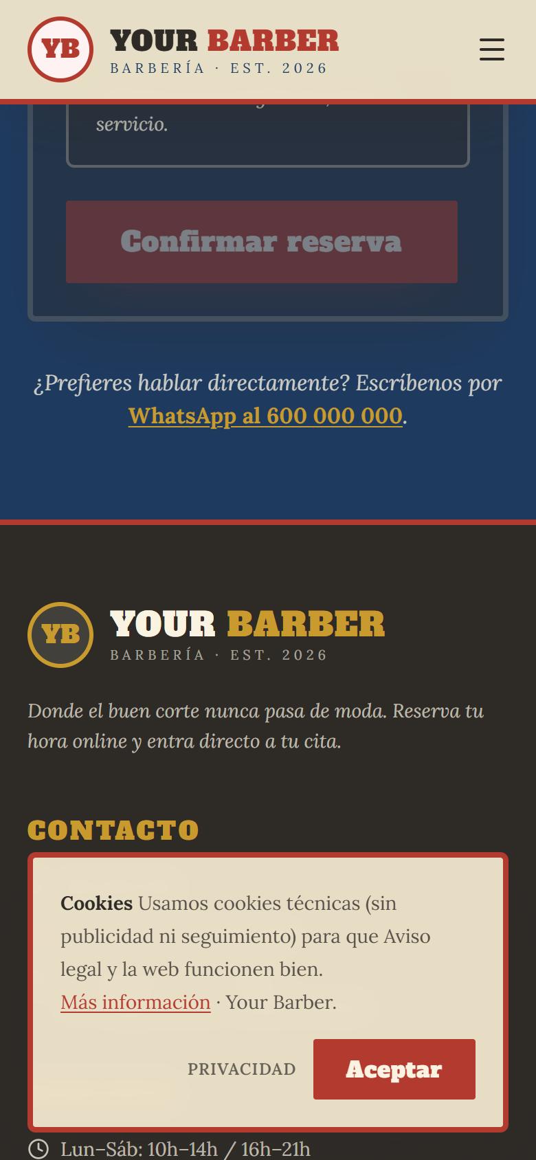 Your Barber — Vintage - Contacto y llamada a la acción, con botón de reservar