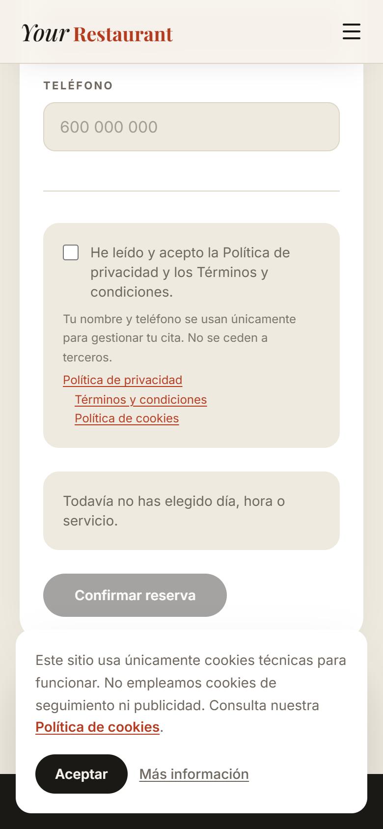 Your Restaurant — Bright - Contacto y llamada a la acción, con botón de reservar
