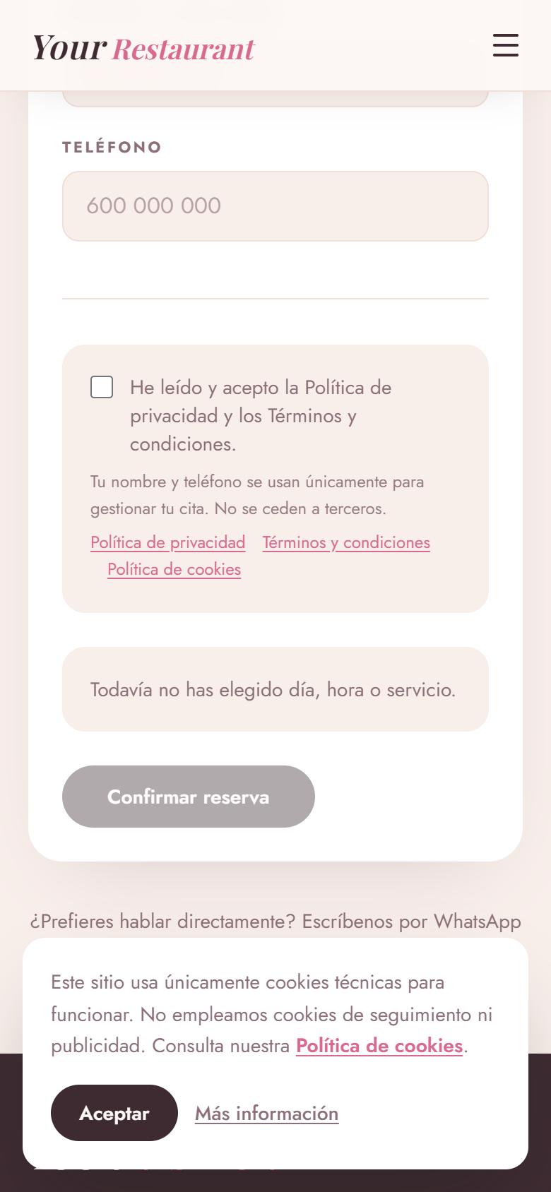 Your Restaurant — Donna - Contacto y llamada a la acción, con botón de reservar
