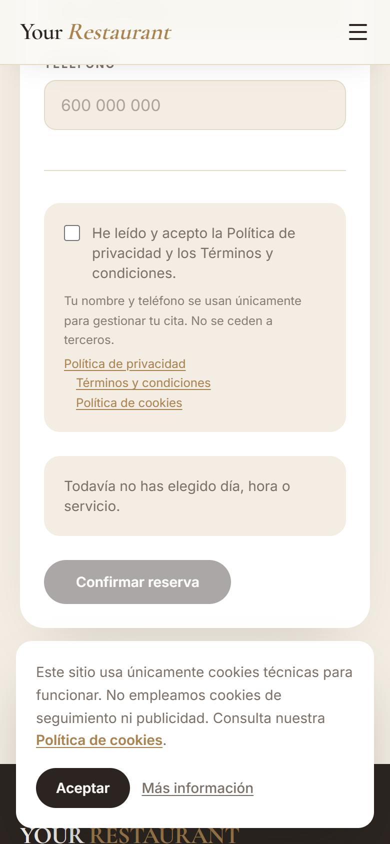 Your Restaurant — Elegant - Contacto y llamada a la acción, con botón de reservar