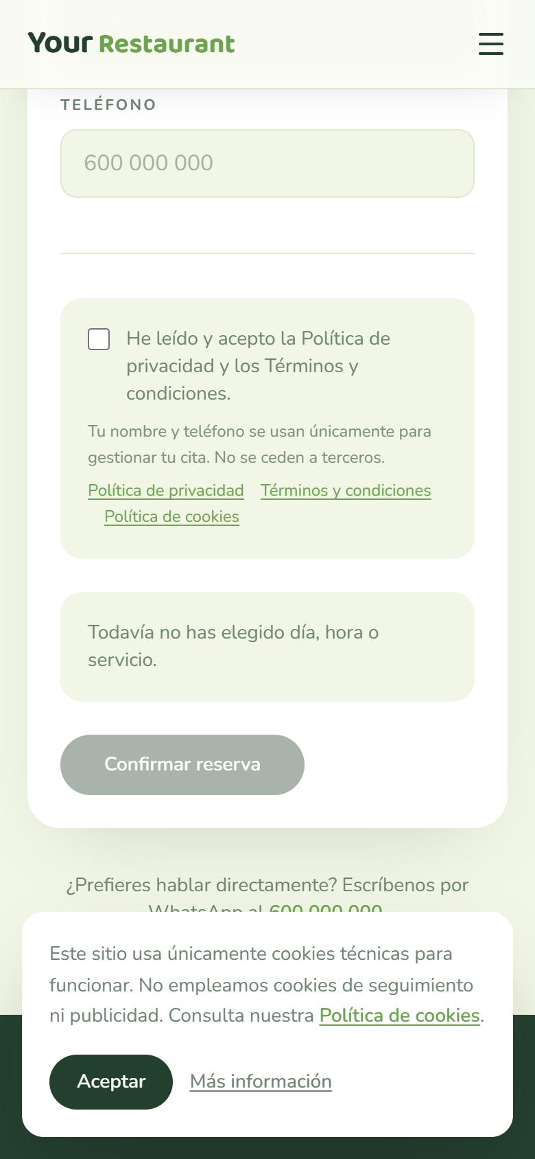 Your Restaurant — Fresh - Contacto y llamada a la acción, con botón de reservar
