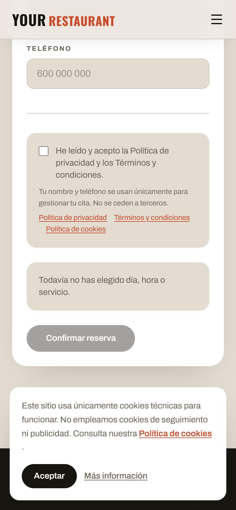 Your Restaurant — Industrial - Contacto y llamada a la acción, con botón de reservar