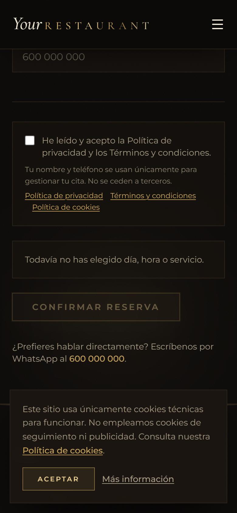 Your Restaurant — Luxe - Contacto y llamada a la acción, con botón de reservar