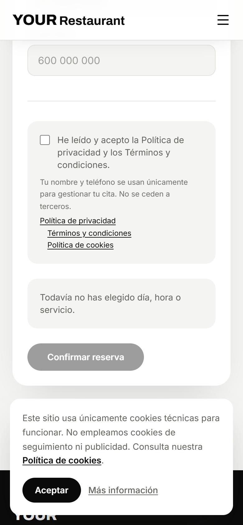 Your Restaurant — Minimal - Contacto y llamada a la acción, con botón de reservar