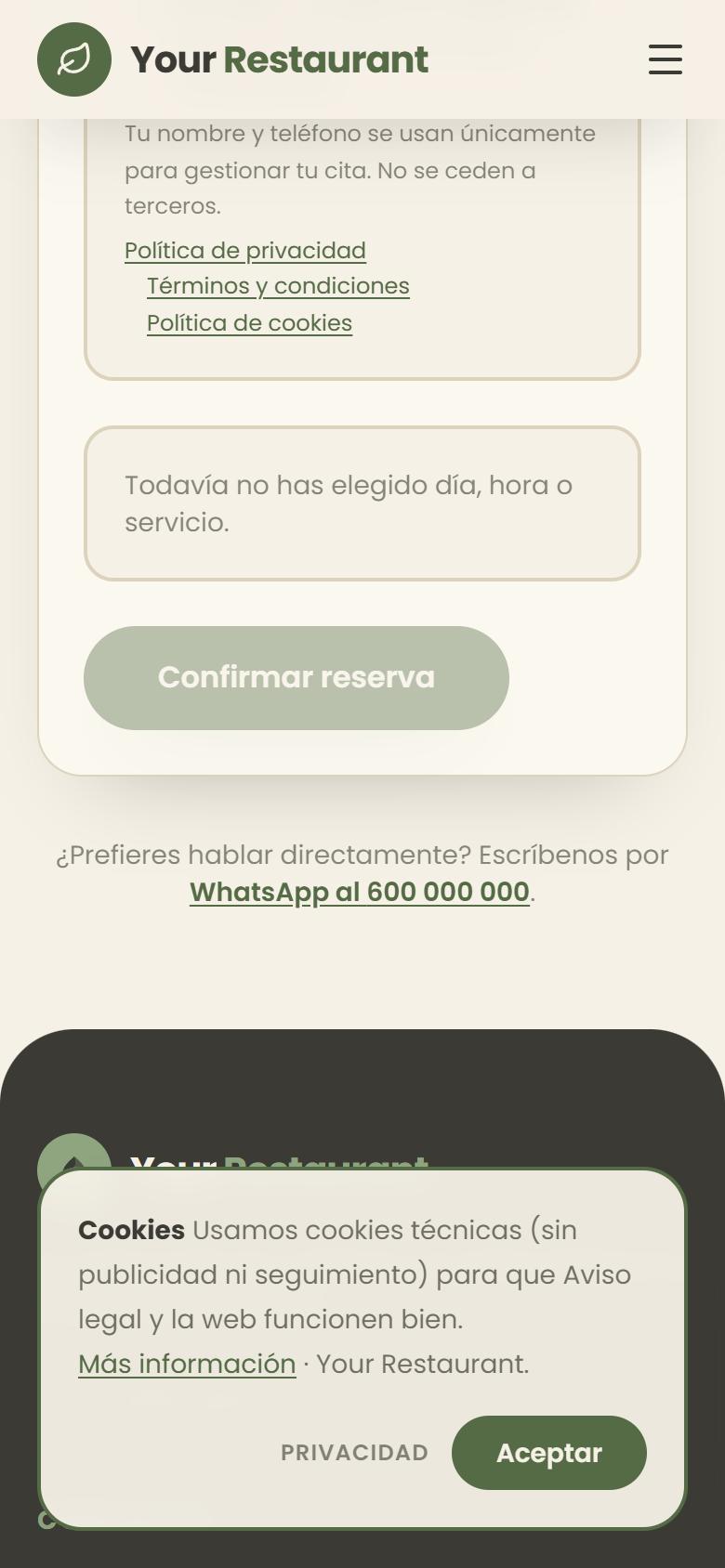 Your Restaurant — Natural - Contacto y llamada a la acción, con botón de reservar