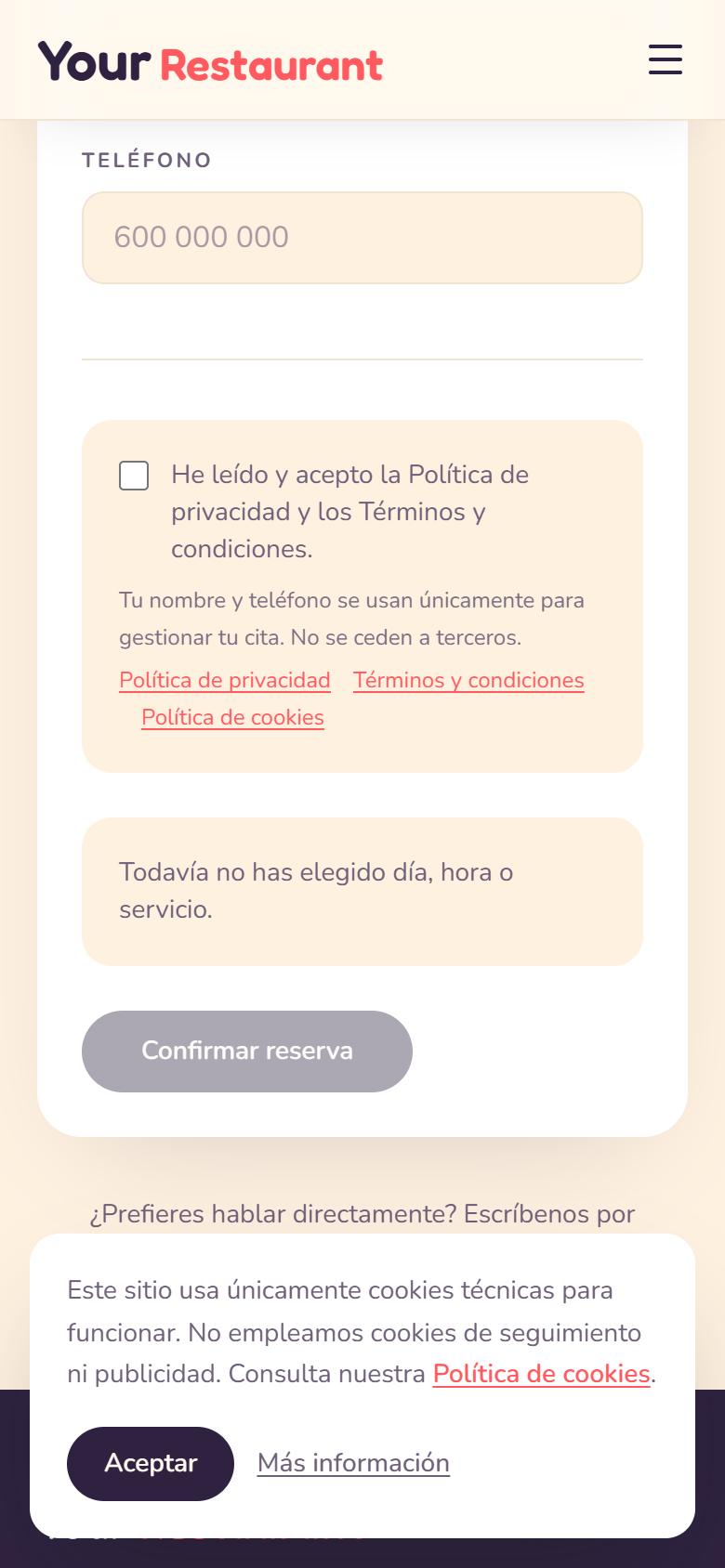 Your Restaurant — Playful - Contacto y llamada a la acción, con botón de reservar