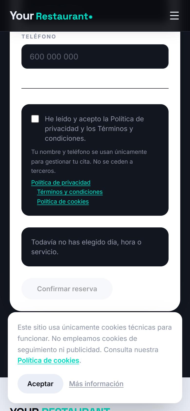Your Restaurant — Tech - Contacto y llamada a la acción, con botón de reservar