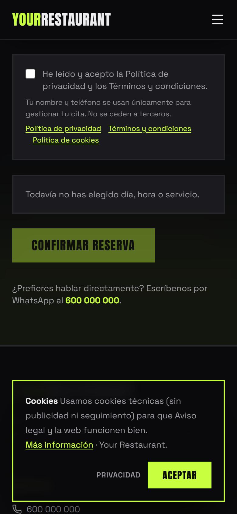 Your Restaurant — Urban - Contacto y llamada a la acción, con botón de reservar