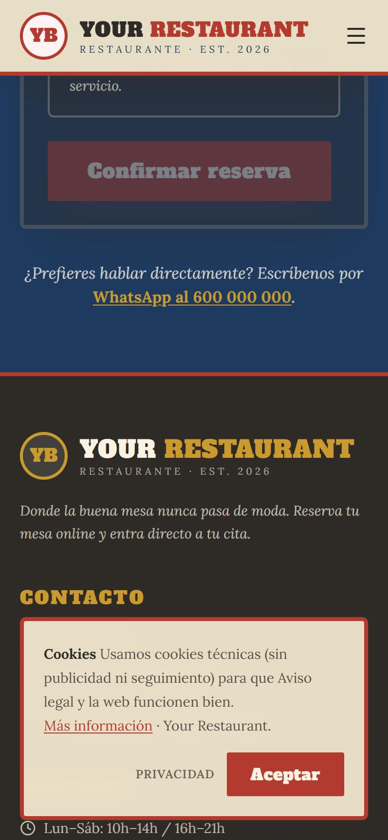 Your Restaurant — Vintage - Contacto y llamada a la acción, con botón de reservar
